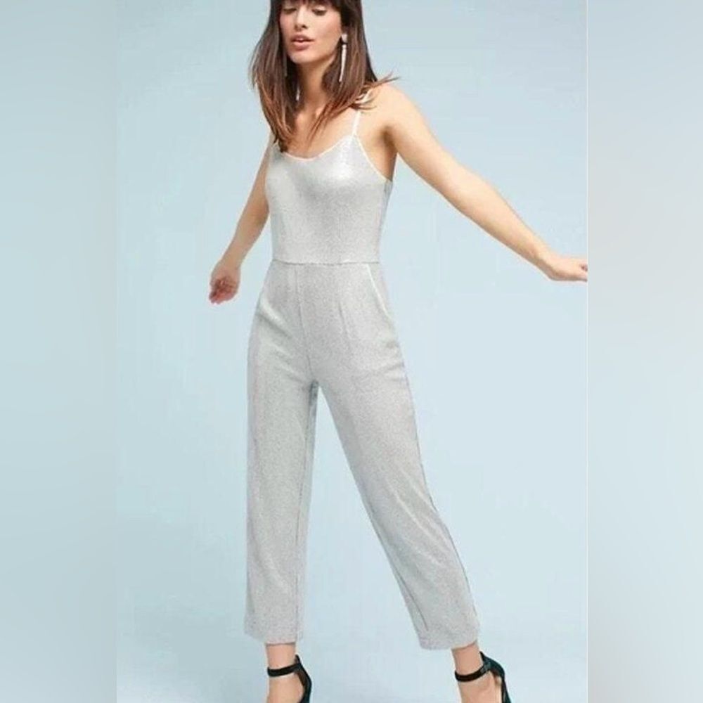 Anthropologie Ett:Twa Claudette Silver Sequin Spaghetti Strap Jumpsuit sz 4 EUC